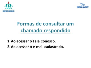 Formas de consultar um
chamado respondido
1.Ao acessar o Fale Conosco.
2.Ao acessar o e-mail cadastrado.
 