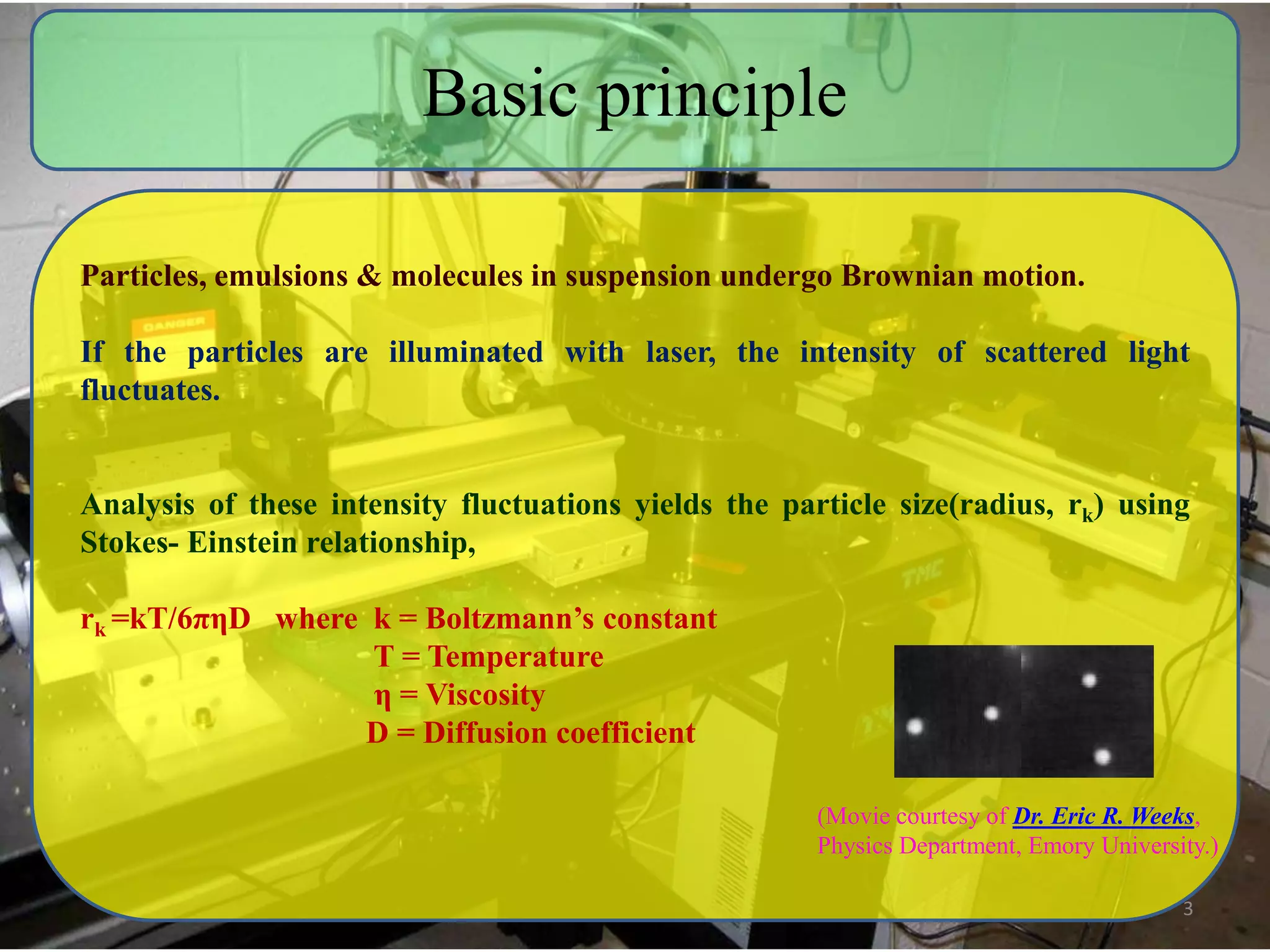 Basic principle 
Particles, emulsions & molecules in suspension undergo Brownian motion. 
If the particles are illuminated with laser, the intensity of scattered light 
fluctuates. 
Analysis of these intensity fluctuations yields the particle size(radius, rk) using 
Stokes- Einstein relationship, 
rk =kT/6πηD where k = Boltzmann’s constant 
T = Temperature 
η = Viscosity 
D = Diffusion coefficient 
(Movie courtesy of Dr. Eric R. Weeks, 
Physics Department, Emory University.) 
3 
 