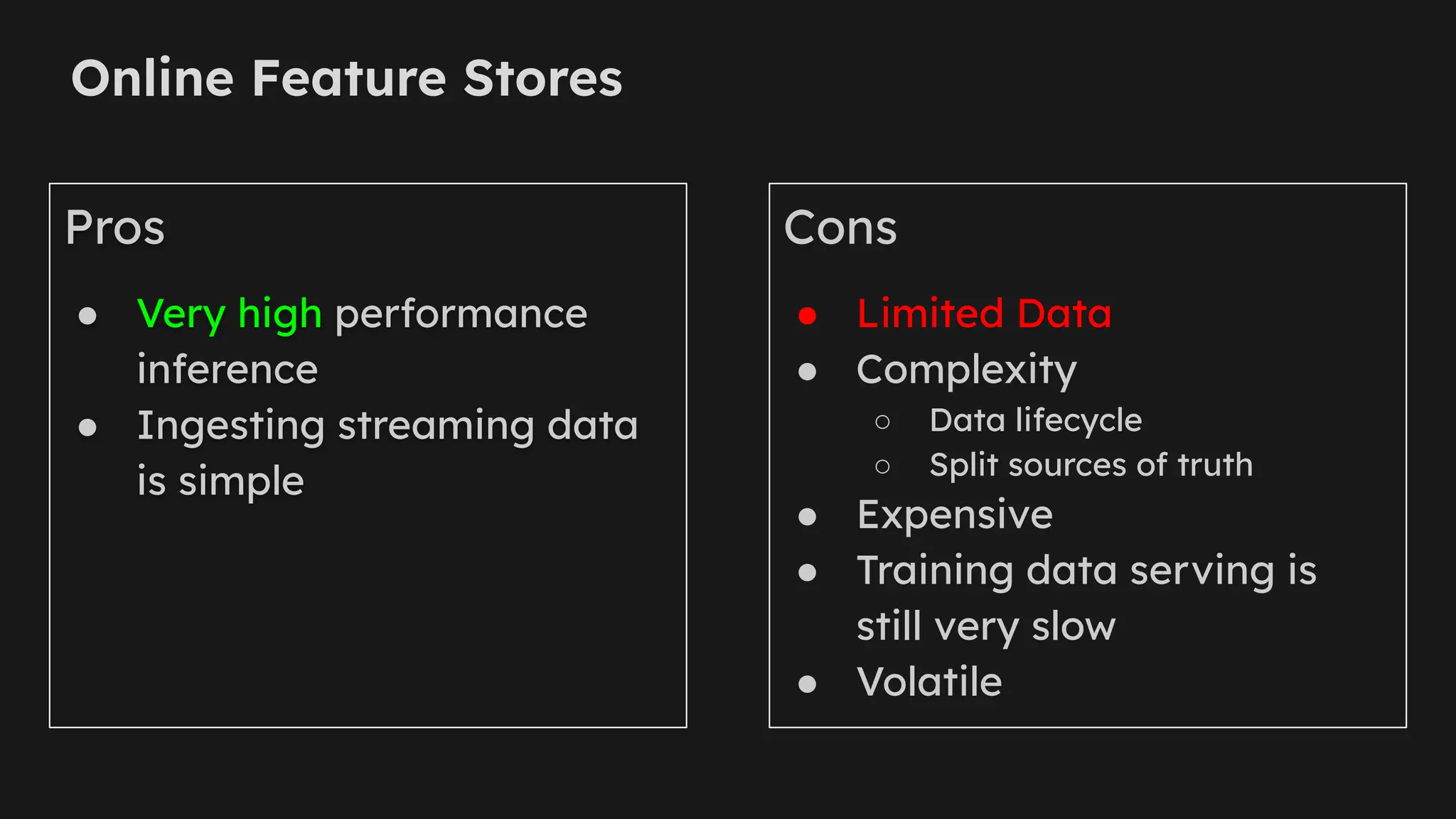 Online Feature Stores
Pros
● Very high performance
inference
● Ingesting streaming data
is simple
Cons
● Limited Data
● Complexity
○ Data lifecycle
○ Split sources of truth
● Expensive
● Training data serving is
still very slow
● Volatile
 