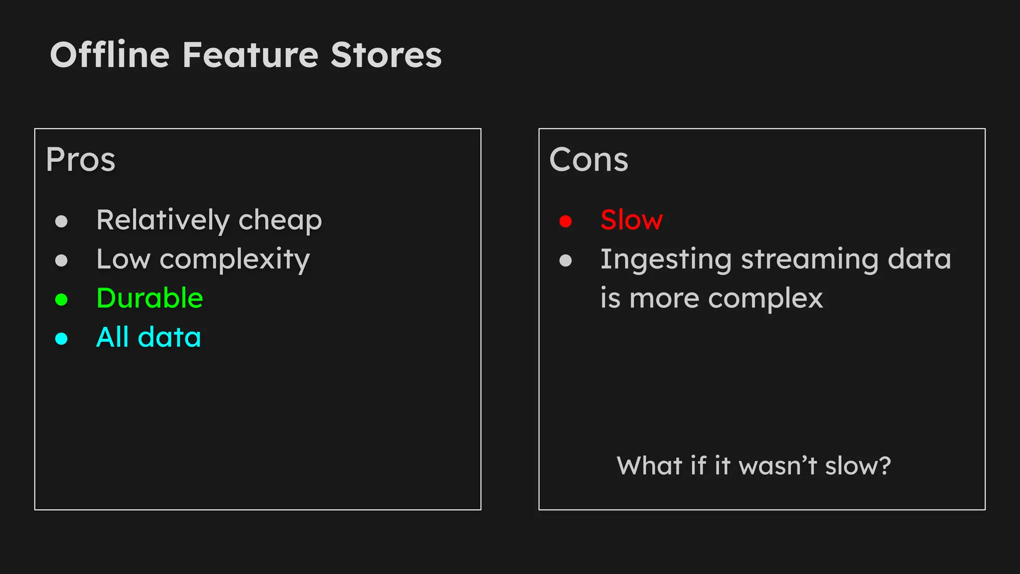 Offline Feature Stores
Pros
● Relatively cheap
● Low complexity
● Durable
● All data
Cons
● Slow
● Ingesting streaming data
is more complex
What if it wasn’t slow?
 