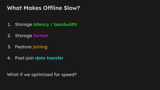 What Makes Offline Slow?
1. Storage latency / bandwidth
2. Storage format
3. Feature joining
4. Post-join data transfer
What if we optimized for speed?
 