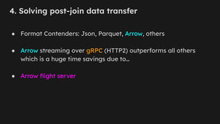 4. Solving post-join data transfer
● Format Contenders: Json, Parquet, Arrow, others
● Arrow streaming over gRPC (HTTP2) outperforms all others
which is a huge time savings due to…
● Arrow ﬂight server
 