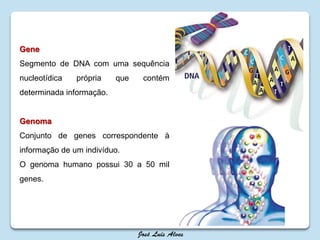 Gene
Segmento de DNA com uma sequência
nucleotídica própria que contém
determinada informação.
Genoma
Conjunto de genes correspondente à
informação de um indivíduo.
O genoma humano possui 30 a 50 mil
genes.
 