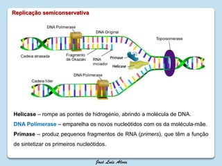 Helicase – rompe as pontes de hidrogénio, abrindo a molécula de DNA.
DNA Polimerase – emparelha os novos nucleótidos com os da molécula-mãe.
Primase – produz pequenos fragmentos de RNA (primers), que têm a função
de sintetizar os primeiros nucleótidos.
Replicação semiconservativa
 