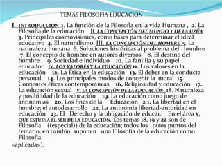 TEMAS FILOSOFIA EDUCACION
I.- INTRODUCCION 1. La función de la Filosofía en la vida Humana , 2. La
    Filosofía de la educación II. LA CONCEPCIÓN DEL MUNDO Y DE LA UZÜA
    3. Principales cosmovisiones, como bases para determinar el ideal
    educativo 4. El naturalismo III. LA CONCEPCIÓN DEL HOMBRE 5. La
    naturaleza humana 6. Soluciones históricas al problema del hombre
     7. El concepto de hombre en autores diversos 8. El destino del
    hombre 9. Sociedad e individuo 10. La familia y su papel
    educador IV. LOS VALORES Y LA EDUCACIÓN 11. Los valores en la
    educación 12. La Ética en la educación 13. El deber en la conducta
    personal 14. Los principales modos de concebir la moral 15.
    Corrientes éticas contemporáneas 16, Religiosidad y educación 17.
    La educación sexual V. LA CONCEPCIÓN DE LA EDUCACIÓN 18. Naturaleza
    y posibilidad de la educación 19. La educación como juego de
    antinomias 20. Los fines de la Educación 2 1. La libertad en el
    hombre; el autodesarrollo 22. La antinomia libertad-autoridad en
    educación 23. El Derecho y la obligación de educar. En el área V,
    QUE ESTUDIA EL SER DE LA EDUCACIÓN, Los temas 18, 19 y 22 son de
    Filosofía ((especial)) de la educación; todos los otros puntos del
    temario, en cambio, suponen una Filosofía de la educación como
    Filosofía
«aplicada>).
 
