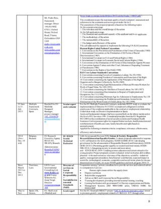 8
Mr. Pedro Rios,
framework
manager. Direct
+44 (0)18442
67011; Oxford
House, Oxford
Road, Thame,
Oxfordshire OX9
2AH
pedro.rios@cardn
o.uk.com
www.cardno.com/
emergingmarkets
(http://trade.ec.europa.eu/doclib/docs/2012/october/tradoc_150025.pdf)”.
The coordinatorensure the maximum qualityofeach evaluators’ assessment and
coherencein the comments andscores givenunder the lot 2
The assessment ofthe project proposals is basedon the followingtopics:
At the concept notes stage:
At the full applicationstage:
-applicants
The call addressedthe support to implement the followingUN-ILOConentions:
Human Rights United Nations Conventions
1. Conventionon the PreventionandPunishment ofthe Crime of Genocide (1948)
2. International Convention onthe Elimination ofAll Forms of Racial
Discrimination(1965)
3. International Covenant onCivil andPolitical Rights (1966)
4. International Covenant onEconomic Social andCultural Rights (1966)
5. Conventionon the Elimination ofAll Forms of Discrimination Against Women
6. ConventionAgainst Torture andother Cruel, Inhumanor DegradingTreatment
or Punishment (1984)
7. Conventionon the Rights of theChild(1989)
ILO Core Labour Standards Conventions
8. ConventionconcerningForcedorCompulsoryLabour, No 29(1930)
9. ConventionconcerningFreedomof Association andProtectionof the Right
10. Convention concerningthe Application ofthe Principles of the Right to
Organise andto Bargain Collectively, No98 (1949)
11. Convention concerningEqual Remuneration ofMenandWomenWorkers for
Work of Equal Value, No 100 (1951)
12. Convention concerningthe Abolitionof ForcedLabour,No 105 (1957)
13. Convention concerningDiscrimination in Respect of Employment and
Occupation, No 111(1958)
14. Convention concerningMinimumAge for Admission to Employment, No 138
15. Convention concerningthe ProhibitionandImmediate Actionforthe
Eliminationof the Worst Forms of ChildLabour,No 182 (1999)
22 June
to 31
July
2015
Multiple
Framework
Contracts,
Spain
Ramboll for EU
Mathilde
Heegaard
Bausager,
project manager
+45 51618179
mthj@ramboll.co
m
Senior expert
and evaluator
For the EU Multiple Framework Contracts, undertake REFIT study to evaluate the
implementationof Directive 91/533/EC onemployer's obligationtoinform
employees of the conditions applicable to the contract or employment relationship.
Undertaken study onDirectiveimplementationin Spain.
Analyzedfundamental changes that have occurredboth on the labour market andat
the level ofEU lawsince 1991.Consideredprinciples fromtheEU Regulation
883/2004onthecoordinationofsocial securitysystems and EuropeanHealth
Insurance Cardonpensionrights for migrant/frontierworkers, healthprotectionand
reimbursement ofhealthcare costs, familybenefits andrights basedon
unemployment).
Appliedthe followingevaluationcriteria: compliance; relevance; effectiveness;
efficiency andcoherence
2014
(Nov-
Dec. 10
w/d)
Belgium,
Brussels
EU Research
Executive Agency
REA/C/03,
SWAFS, Brussels
Administration:
Rossella.PAINO
@ext.ec.europa.e
u
EU H2020
Senior
Technical
Evaluator
Calls for proposals Horizon2020, Science & Society: Responsible
Research/Innovation/Equality/Gender. Evaluate proposals submittedin response
to EU call basedon the work programs: H2020-GARRI-2014-1(developing
governance forthe advancement of Responsible ResearchandInnovation); H2020-
GERI-2014-1 (Promotinggender equality in researchandinnovation); H2020-
ISSI-2014-1 (Integratingsociety in science andinnovation)
and H2020-SEAC-2014-1 (makingscience educationandcareers attractivefor
youngpeople). Project proposals content evaluated: initial workplan; deliverables;
planned–tobe usedresources; relevance ofthe objectives; scientific- industrial
quality; management procedures; beneficiaries' contributions; expectedimpact in
scientific, technological, economic,competitiveandsocial terms; plans for theuse-
disseminationof results, etc as per H2020 guidelines andwork program 2014-15
Since
March
2013 to
Dec.
2013
Vientiane,
Laos
LICO, Laos
Interrnational
ConsultingLtd.
www.licolao.co
m and Frame
Solutions S.L.
Josep Vergé:
Director
jverge@premaqua
.net
Director of
services on
Social
Corporate
Responsibility
+
Social&Enviro
nmental
Standards
(S&E)
Cooperation among 2 private consultancies to provide services andtechnical advice
to companies in Laos on:-
 Human rights issues within the supplychain
 Dispute resolution
 Stakeholder engagement
 Advise on S&E andCorporateSocial Responsibility
 Trainingdevelopment,providinginternal/external training, coaching
 Liaising/facilitationwith government/Civil Societyorganizations andMedia
 Management Systems (ISO 9000/14000 series, OSHAS 18000, SA
8000)/GMP
May to
Nov
Spain, UK,
Greece,
EU. RedLocal
(Madrid) and
Lead expert For the EU financedURBACT project “E4C: E-skills for innovative cities”aimed
to promote growth - employment relatedtoE-SKILLS- ICT through urban
 