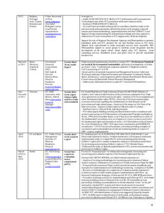 9
2012 Belgium,
Portugal,
Italy, Cyprus,
Romania and
Poland
Urbact Secretariat
in Paris
www.urbact.eu
Ana Isabel
Rodriguez Larraz,
LeadPartner
representative:
arodriguezl@ayto
-torrejon.es
strategies to:
- enable ACQUISITION OF E-SKILLS: ICT (Information andCommunication
Technologies) user skills, ICT practitionerskills ande-business skills,
- facilitate UPGRADINGOF E-SKILLS,
- As LeadExpert providedtechnical advicetoproduce a baseline study on the
partners needs andexpectations; definedthe project work program, expected
outputs andrelatedmethodology, supportedpartners andtheir URBACT Local
Support Groups implementingthe transnational exchange activities; support to
elaborationof Local Actionplans on ICT support ande-skills development
Support the role of Regional Development Agencies andMunicipalities to promote
population skills and ICT, promote the use and facilitate access to ICT tools,
support local e-government to make municipal services more accessible. RD-
Municipalities support to social groups to facilitate social integration and the
development of the digital school. Smart digital cities, ICT business cloud
computing services, broadband access and green cities to provide sustainable
perspectives
Septemb
er 2011
Spain,
Morocco,
Argelia &
Tunisie
Internationl
Financial
Corporations
(IFC).
Full Audit &
Prevent.
Montse More,
Director
Fundacion
Prevent
m.more@fundaci
onprevent.com
Senior Short
Term Audit
Expert
Elaboratedandimplementeda checklist to monitorIFC’s Performance Standards
on Social & Environmental Sustainability,definition ofmethodology tofollow
up clients’ roles. 7 multinational companies auditedin 3 Maghrebcountries.
E & S monitoringof 1 to 6 PS:
-Social andEnvironmental Assessment andManagement Systems: Laborand
WorkingConditions: PollutionPreventionandAbatement: CommunityHealth,
Safety andSecurity: LandAcquisition andInvoluntaryResettlement:Biodiversity
ConservationandSustainable Natural Resource Management.
- Additionally elaboratedchecklist toaudit IFC’s General EHSGuidelines
July-
Novemb
er 2011
Vietnam EU. DMI
Associates, with
Bceom, Adetef,
Idom,www.mutra
p.org.vn
Manager:
laura.autor@idom
.com
Senior short
term expert
labourrights
and free trade
and standards
EU fundedMultilateral Trade AssistanceProject III (MUTRAP) Ministryof
Industry andTrade providedAnalysis ofthe provisions containedin Free Trade
Area agreements onworkers andsocial rights. -Analysis of ILOcorestandards and
other international laborrights (WTO). -Overviewof themainreasons (legal,
economicandsocial) regardingthe establishment of a link between social
protections andtrade-relatedissues; -Analysis ofthe impact onViet Nam ofthe
labor provisions. -Analysis of laborrights in CSR andcodes of conduct. –
- AppliedCountry’s Decent Work Agenda principles
- Providedcapacitybuilding(traininganddisseminationtools) toemployers and
workers associations on ILODeclarationonFundamental Principles andRights at
Work, 1998(all ILOmember States, even if they have not ratifiedoneor more of
the fundamental Conventions,have anobligationto respect, promoteandrealize
the fundamental rights andprinciples at work)+ ILO DeclarationonSocial Justice
for a Fair Globalization, 2008+ ILO supervisory mechanisms andNORMLEX
consultation+ UN-ILOsocial andeconomic conventionprovidingexamples of
conclusions andrecommendations of relevant monitoringbodies in respect of
GSP+ country implementation
April
2010
EU andSpain EU. Public Policy
Management
Institute, LT
Mantras
Boudraitis,
Director
mantas@vpvi.lt
Senior short
term research
expert
EU fundedproject No JLS/2008/FRAC/PR/1006-30-CE-0306544/00-11and
Directorate-General forJustice, FreedomandSecurity ofEuropeanCommission
implementeda study to evaluate theEU actions promotingandprotecting
children’s rights andto conduct comparative analysis of institutions andpolicies
for promotingandprotectingchildren’s rights in 27EU Member States.
-Elaboratedthestudy on Spanishimplementation ofEU actions onpromotion and
protectionof children’s rights
March
2010 to
Sept.
2010
Serbia EU. EEO Group
S.A.
(www.eeogroup.g
r) andEPRD (PL)
Paulina Cedro
(PM)
p.cedro@eprd.pl
Senior Key
expert on
evaluation
active
employment
policy
For the EU financedproject “to enhancedata management, forecastingand
monitoringandevaluation capacityofthe National Employment Service
(EuropeAid/128079/C/SER/RS), providedtechnical assistanceon:
- Analysis of existingmethodologies formonitoringand evaluationof labour
market measures. Elaborationof a national level Needs Assessment Paper for M&E
- PreparedNeeds Assessment Paper todraft internal documents (handbooks and
manuals) for implementation newmethodology monitoring–evaluationofALMM.
- Revision of methodologies forconductionof evaluationanddevelopment of
evaluationreports onlabor market program.Implementation andfollow–up
National Employment Strategies- Followup with STATA; IBM SPSSandothers.
- Formulate anddesign policies for implementationandfollowup VET-work-based
learningincludingaccess to financial tools via ESF- IPAandpublic/private
partnership, includingrecommendations on formal education versus “on the job”
andmarket orientedVET systems with direct involvement ofconcerned
stakeholders (Regional-local development organizations, industry associations and
workers-NGO’s). Guidelines on management of financial resources allocatedto
ALMM-VET withidentification oftypical costs suggestingfinancial channels
- VET-ALMM expert onidentificationof skills needs, workedbasedtraining,
provisionof educationandefficient VET-ALMMservices. Participatein tripartite
 