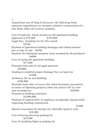 1
Acquisition cost of long-lived assets: the following items
represent expenditures (or receipts) related to construction of a
new home office for Lowery company.
Cost of land site, which include an old apartment building
appraised at $75,000 $165,000
Legal fees, including fee for title search
$2100
Payment of apartment building mortgage and related interest
due at time of sale $9300
Payment for delinquent property taxes assumed by the purchaser
$4000
Cost of razing the apartment building
$17,000
Proceeds from sale of salvaged materials
($3800)
Grading to establish proper drainage flow on land site
$1900
Architects fee on new building
$300,000
Proceeds from sales of excess dirt (from basement excavation)
to owner of adjoining property (that was used to fill in a low
area on property) ($2000)
Payment to building contractor
$5,000,000
Payment of medical bills of employee accidentally injured while
inspecting building construction
$1400
Special assessment for paving city sidewalks (paid to city)
$18,000
Cost of paving driveway parking lot
$25,000
Cost of installing lights in parking lot
 