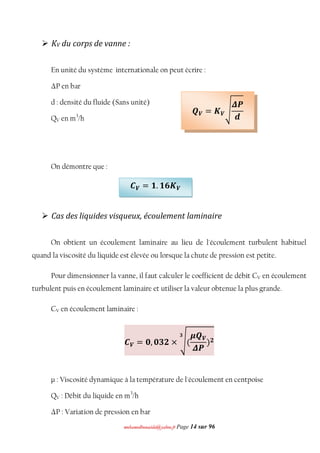 mmoohhaammeeddbboouuaacciiddaa@@yyaahhoooo..ffrr Page 14 sur 96
 KV du corps de vanne :
En unité du système internationale on peut écrire :
ΔP en bar
d : densité du fluide (Sans unité)
QV en m3
/h
On démontre que :
 Cas des liquides visqueux, écoulement laminaire
On obtient un écoulement laminaire au lieu de l'écoulement turbulent habituel
quand la viscosité du liquide est élevée ou lorsque la chute de pression est petite.
Pour dimensionner la vanne, il faut calculer le coefficient de débit CV en écoulement
turbulent puis en écoulement laminaire et utiliser la valeur obtenue la plus grande.
CV en écoulement laminaire :
࡯ࢂ = ૙, ૙૜૛ × ඨ(
ࣆࡽࢂ
ࢤࡼ
)૛
૜
μ : Viscosité dynamique à la température de l'écoulement en centpoise
QV : Débit du liquide en m3
/h
ΔP : Variation de pression en bar
ࡽࢂ = ࡷࢂඨ
ࢤࡼ
ࢊ
࡯ࢂ = ૚. ૚૟ࡷࢂ
 