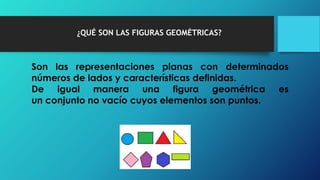 ¿QUÉ SON LAS FIGURAS GEOMÉTRICAS?
Son las representaciones planas con determinados
números de lados y características definidas.
De igual manera una figura geométrica es
un conjunto no vacío cuyos elementos son puntos.
 
