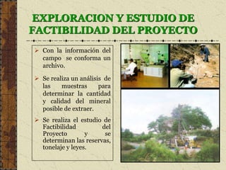 EXPLORACION Y ESTUDIO DE
FACTIBILIDAD DEL PROYECTO
 Con la información del
campo se conforma un
archivo.
 Se realiza un análisis de
las muestras para
determinar la cantidad
y calidad del mineral
posible de extraer.
 Se realiza el estudio de
Factibilidad del
Proyecto y se
determinan las reservas,
tonelaje y leyes.
 