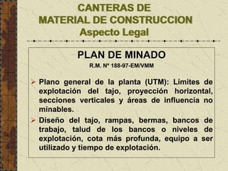 CANTERAS DE
MATERIAL DE CONSTRUCCION
Aspecto Legal
PLAN DE MINADO
R.M. Nº 188-97-EM/VMM
 Plano general de la planta (UTM): Límites de
explotación del tajo, proyección horizontal,
secciones verticales y áreas de influencia no
minables.
 Diseño del tajo, rampas, bermas, bancos de
trabajo, talud de los bancos o niveles de
explotación, cota más profunda, equipo a ser
utilizado y tiempo de explotación.
 