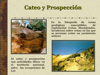 Cateo y Prospección
Es la búsqueda de zonas
geológicas susceptibles de
explotación (vetas, diseminados,
lavaderos) sobre zonas en las que
se presume existe un yacimiento
minero
El cateo y prospección
son actividades libres en
el territorio nacional,
salvo las excepciones de
Ley
 