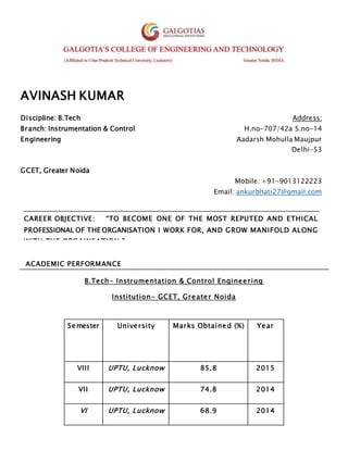 AVINASH KUMAR
Discipline: B.Tech Address:
Branch: Instrumentation & Control
Engineering
H.no-707/42a S.no-14
Aadarsh Mohulla Maujpur
Delhi-53
GCET, Greater Noida
Mobile: +91-9013122223
Email: ankurbhati27@gmail.com
ACADEMIC PERFORMANCE
B.Tech- Instrumentation & Control Engineering
Institution- GCET, Greater Noida
Semester University Marks Obtained (%) Year
VIII UPTU, Lucknow 85.8 2015
VII UPTU, Lucknow 74.8 2014
VI UPTU, Lucknow 68.9 2014
CAREER OBJECTIVE: “TO BECOME ONE OF THE MOST REPUTED AND ETHICAL
PROFESSIONAL OF THE ORGANISATION I WORK FOR, AND GROW MANIFOLD ALONG
WITH THE ORGAINSATION.”
 