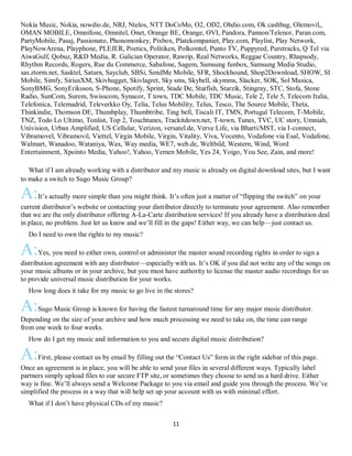 11
Nokia Music, Nokia, nowdio.de, NRJ, Ntelos, NTT DoCoMo, O2, OD2, Ohdio.com, Ok cashbag, Olemovil,,
OMAN MOBILE, Omnifone, Omnitel, Onet, Orange BE, Orange, OVI, Pandora, Pannon/Telenor, Paran.com,
PartyMobile, Pasaj, Passionato, Phonomonkey, Pixbox, Platekompaniet, Play.com, Playlist, Play Network,
PlayNowArena, Playphone, PLEJER, Poetics, Politiken, Polkomtel, Punto TV, Puppyred, Puretracks, Q Tel via
AiwaGulf, Qobuz, R&D Media, R. Galician Operator, Rawrip, Real Networks, Reggae Country, Rhapsody,
Rhythm Records, Rogers, Rue du Commerce, Sabafone, Sagem, Samsung funbox, Samsung Media Studio,
sas.ztorm.net, Sasktel, Saturn, Sayclub, SBSi, SendMe Mobile, SFR, Shockhound, Shop2Download, SHOW, SI
Mobile, Simfy, SiriusXM, Skivhugget, Skivlagret, Sky sms, Skybell, skymms, Slacker, SOK, Sol Musica,
SonyBMG, SonyEriksson, S-Phone, Spotify, Sprint, Stade De, Starfish, Starzik, Stingray, STC, Stofa, Stone
Radio, SunCom, Surem, Swisscom, Synacor, T town, TDC Mobile, TDC Music, Tele 2, Tele 5, Telecom Italia,
Telefonica, Telemadrid, Televerkko Oy, Telia, Telus Mobility, Telus, Tesco, The Source Mobile, Theta,
Thinkindie, Thomson DE, Thumbplay, Thumbtribe, Ting bell, Tiscali IT, TMN, Portugal Telecom, T-Mobile,
TNZ, Todo Lo Ultimo, Tonlist, Top 2, Touchtunes, Trackitdown.net, T-town, Tunes, TVC, UC story, Umniah,
Univision, Urban Amplified, US Cellular, Verizon, versatel.de, Verve Life, via Bharti/MST, via I-connect,
Vibramovel, Vibramovil, Viettel, Virgin Mobile, Virgin, Vitality, Viva, Vocento, Vodafone via Esal, Vodafone,
Walmart, Wanadoo, Wataniya, Wax, Way media, WE7, web.de, Weltbild, Western, Wind, Word
Entertainment, Xpointo Media, Yahoo!, Yahoo, Yemen Mobile, Yes 24, Yoigo, You See, Zain, and more!
QWhat if I am already working with a distributor and my music is already on digital download sites, but I want
to make a switch to Sugo Music Group?
A:It’s actually more simple than you might think. It’s often just a matter of “flipping the switch” on your
current distributor’s website or contacting your distributor directly to terminate your agreement. Also remember
that we are the only distributor offering A-La-Carte distribution services! If you already have a distribution deal
in place, no problem. Just let us know and we’ll fill in the gaps! Either way, we can help—just contact us.
QDo I need to own the rights to my music?
A:Yes, you need to either own, control or administer the master sound recording rights in order to sign a
distribution agreement with any distributor—especially with us. It’s OK if you did not write any of the songs on
your music albums or in your archive, but you must have authority to license the master audio recordings for us
to provide universal music distribution for your works.
QHow long does it take for my music to go live in the stores?
A:Sugo Music Group is known for having the fastest turnaround time for any major music distributor.
Depending on the size of your archive and how much processing we need to take on, the time can range
from one week to four weeks.
QHow do I get my music and information to you and secure digital music distribution?
A:First, please contact us by email by filling out the “Contact Us” form in the right sidebar of this page.
Once an agreement is in place, you will be able to send your files in several different ways. Typically label
partners simply upload files to our secure FTP site, or sometimes they choose to send us a hard drive. Either
way is fine. We’ll always send a Welcome Package to you via email and guide you through the process. We’ve
simplified the process in a way that will help set up your account with us with minimal effort.
QWhat if I don’t have physical CDs of my music?
 
