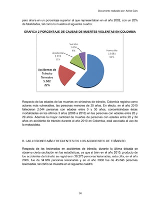Documento realizado por: Active Cars
14
pero ahora en un porcentaje superior al que representaban en el año 2002, con un 20%
de fatalidades, tal como lo muestra el siguiente cuadro:
GRAFICA 2 PORCENTAJE DE CAUSAS DE MUERTES VIOLENTAS EN COLOMBIA
Respecto de las edades de las muertes en siniestros de tránsito, Colombia registra como
actores más vulnerables, las personas menores de 30 años. En efecto, en el año 2010
fallecieron 2.044 personas con edades entre 0 y 30 años, concentrándose éstas
mortalidades en los últimos 3 años (2008 a 2010) en las personas con edades entre 20 y
29 años. Además la mayor cantidad de muertes de personas con edades entre 20 y 24
años en accidente de tránsito durante el año 2010 en Colombia, está asociada al uso de
la motocicleta.
B. LAS LESIONES MÁS FRECUENTES EN LOS ACCIDENTES DE TRÁNSITO
Respecto de los lesionados en accidentes de tránsito, durante la última década se
observa cierta oscilación en las estadísticas, ya que si bien en el año 2010, producto de
los accidentes de tránsito se registraron 39.275 personas lesionadas, esta cifra, en el año
2006, fue de 34.889 personas lesionadas y en el año 2008 fue de 45.846 personas
lesionadas, tal como se muestra en el siguiente cuadro:
 