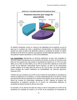 Documento realizado por: Active Cars
18
GRAFICA No 7 PEATONES MUERTOS POR RANGO DE EDAD
Un aspecto interesante a tener en cuenta en las fatalidades de los peatones, es que al
igual que lo muestran las cifras y estadísticas internacionales, los fallecidos hombres
superan por sobre el doble a las fallecidas mujeres en accidentes de tránsito. En efecto
también en el año 2010 en Colombia, los peatones hombres fallecidos significan un 72% y
los peatones mujeres representan un 28% de las fatalidades.
Los motociclistas: Representan en términos estadísticos el actor más vulnerable en
Colombia desde la perspectiva de los accidentes de tránsito, de hecho en los últimos tres
años son los usuarios que más mueren en accidentes de tránsito con un 37% en el año
2008, con un 40% en el año 2009 y con un 39% en el año 2010. Además en el año 2010
el 84% de los fallecidos motociclistas fueron hombres y el 46% de los motociclistas
muertos estaban en el rango etario de entre los 20 y los 34 años. Las cifras anteriores
fueron tomadas del Anuario estadístico de accidentalidad vial (resumen ejecutivo),
Colombia, 2010.
También hay que considerar que el 40% de las muertes de motociclistas en accidentes de
tránsito se registraron en la carretera, un número especialmente alto si se tiene en cuenta
que este tipo de vehículo automotor es muchísimo más utilizado en las zonas urbanas, en
donde las muertes de motociclistas representan el 60%. Además se observa con
preocupación el progresivo aumento en el número de motociclistas fallecidos en
accidentes de tránsito durante los últimos cinco años.
En promedio, en los últimos tres años las motos se vieron involucradas en el 29% de los
accidentes con resultado de muerte y en el 50% de los accidentes con lesionados de
 