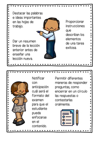 Destacar las palabras
e ideas importantes
en las hojas de
trabajo.
Dar un resumen
breve de la lección
anterior antes de
enseñar una
lección nueva.
Permitir diferentes
maneras de responder
preguntas, como
encerrar en un círculo
las respuestas o
contestarlas
oralmente.
Proporcionar
instrucciones
que
describan los
elementos
de una tarea
exitosa.
Notificar
con
anticipación
cuál será el
formato del
examen
para que el
estudiante
pueda
enfocarse
en el
contenido.
 