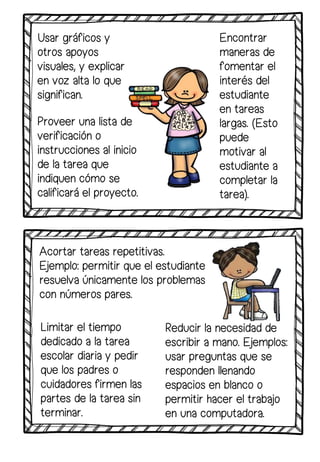 Usar gráficos y
otros apoyos
visuales, y explicar
en voz alta lo que
significan.
Proveer una lista de
verificación o
instrucciones al inicio
de la tarea que
indiquen cómo se
calificará el proyecto.
Reducir la necesidad de
escribir a mano. Ejemplos:
usar preguntas que se
responden llenando
espacios en blanco o
permitir hacer el trabajo
en una computadora.
Encontrar
maneras de
fomentar el
interés del
estudiante
en tareas
largas. (Esto
puede
motivar al
estudiante a
completar la
tarea).
Acortar tareas repetitivas.
Ejemplo: permitir que el estudiante
resuelva únicamente los problemas
con números pares.
Limitar el tiempo
dedicado a la tarea
escolar diaria y pedir
que los padres o
cuidadores firmen las
partes de la tarea sin
terminar.
 