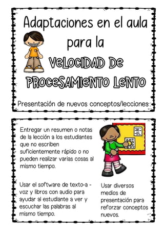 Usar el software de texto-a -
voz y libros con audio para
ayudar al estudiante a ver y
escuchar las palabras al
mismo tiempo.
Entregar un resumen o notas
de la lección a los estudiantes
que no escriben
suficientemente rápido o no
pueden realizar varias cosas al
mismo tiempo.
Usar diversos
medios de
presentación para
reforzar conceptos
nuevos.
Presentación de nuevos conceptos/lecciones
 