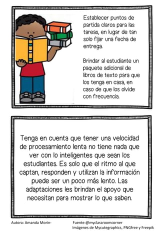 Brindar al estudiante un
paquete adicional de
libros de texto para que
los tenga en casa, en
caso de que los olvide
con frecuencia.
Tenga en cuenta que tener una velocidad
de procesamiento lenta no tiene nada que
ver con lo inteligentes que sean los
estudiantes. Es solo que el ritmo al que
captan, responden y utilizan la información
puede ser un poco más lento. Las
adaptaciones les brindan el apoyo que
necesitan para mostrar lo que saben.
Establecer puntos de
partida claros para las
tareas, en lugar de tan
solo fijar una fecha de
entrega.
Autora: Amanda Morin- Fuente:@myclassroomcorner
Imágenes de Mycutegraphics, PNGfree y Freepik
 