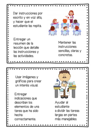 Dar instrucciones por
escrito y en voz alta,
y hacer que el
estudiante las repita.
Entregar un
resumen de la
lección que detalle
las instrucciones y
las actividades.
Mantener las
instrucciones
sencillas, claras y
concretas.
Usar imágenes y
gráficas para crear
un interés visual.
Entregar
indicaciones que
describan los
elementos de una
tarea que ha sido
hecha
correctamente.
Ayudar al
estudiante
a dividir las tareas
largas en partes
más manejables
 