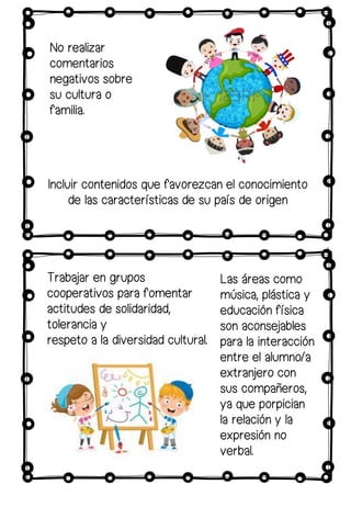 No realizar
comentarios
negativos sobre
su cultura o
familia.
Trabajar en grupos
cooperativos para fomentar
actitudes de solidaridad,
tolerancia y
respeto a la diversidad cultural.
Incluir contenidos que favorezcan el conocimiento
de las características de su país de origen
Las áreas como
música, plástica y
educación física
son aconsejables
para la interacción
entre el alumno/a
extranjero con
sus compañeros,
ya que porpician
la relación y la
expresión no
verbal.
 