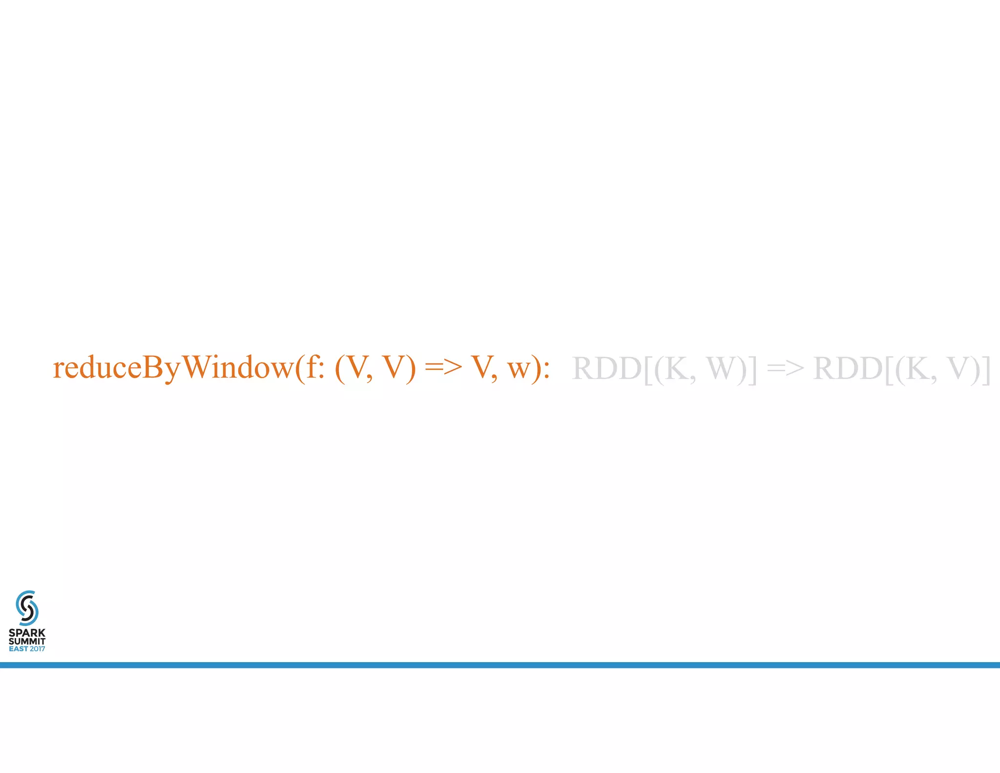 reduceByWindow(f: (V, V) => V, w): RDD[(K, W)] => RDD[(K, V)]
 