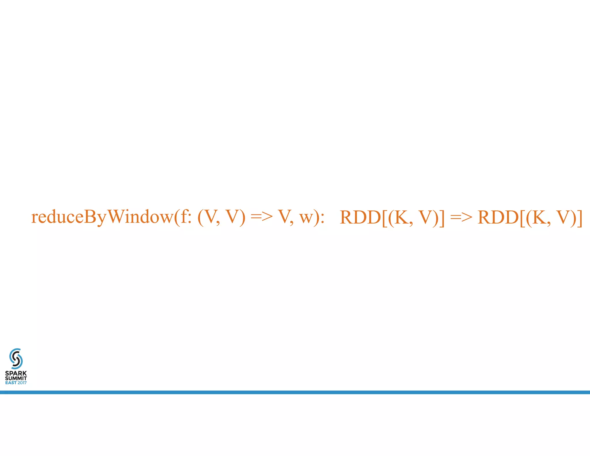 reduceByWindow(f: (V, V) => V, w): RDD[(K, V)] => RDD[(K, V)]
 