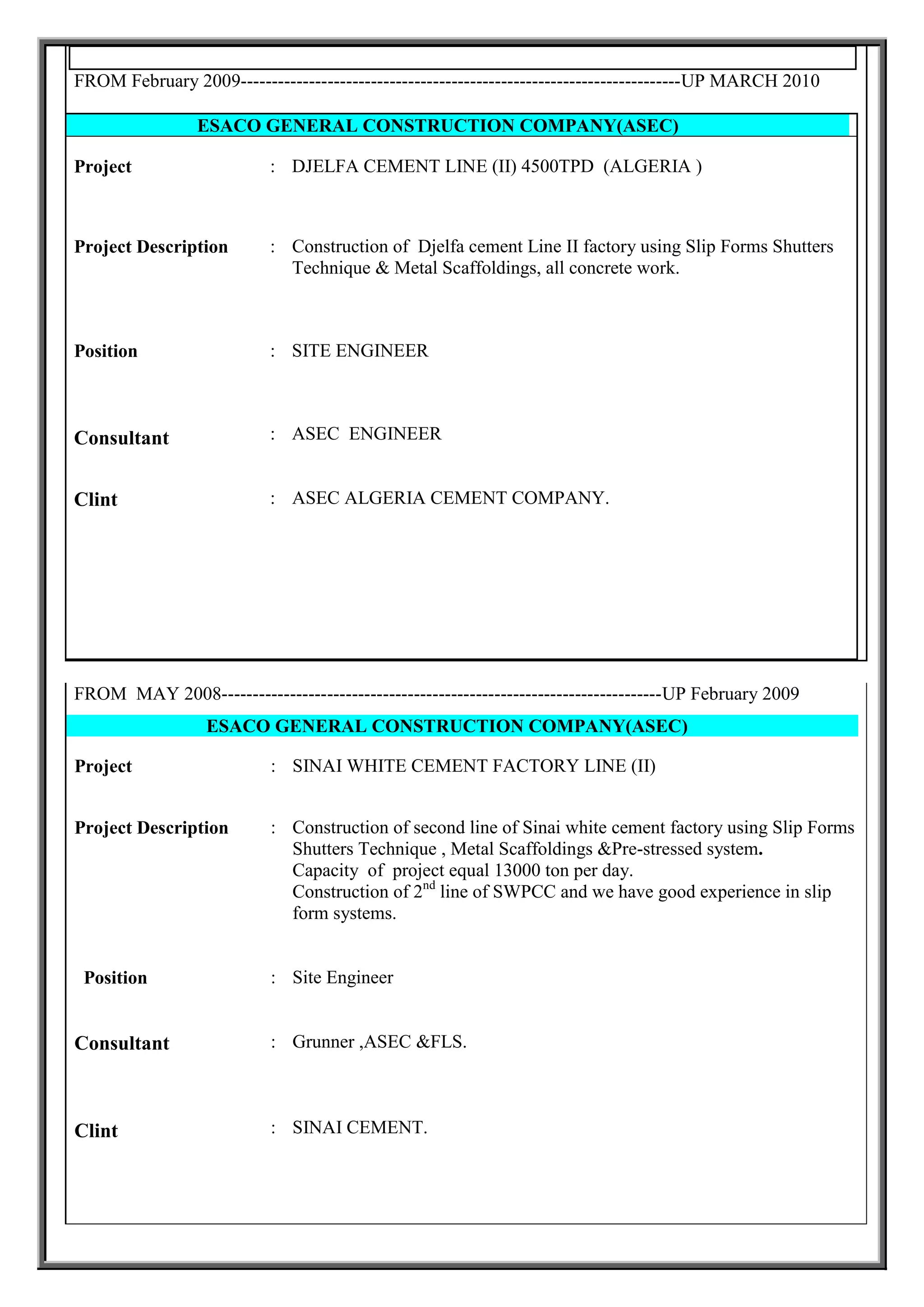 FROM February 2009-----------------------------------------------------------------------UP MARCH 2010
)COMPANY(ASECSTRUCTIONESACO GENERAL CON
DJELFA CEMENT LINE (II) 4500TPD (ALGERIA ):Project
Construction of Djelfa cement Line II factory using Slip Forms Shutters
Technique & Metal Scaffoldings, all concrete work.
SITE ENGINEER
ASEC ENGINEER
:
:
:
Project Description
Position
Consultant
ASEC ALGERIA CEMENT COMPANY.:Clint
FROM MAY 2008-----------------------------------------------------------------------UP February 2009
)ESACO GENERAL CONSTRUCTION COMPANY(ASEC
SINAI WHITE CEMENT FACTORY LINE (II):Project
Construction of second line of Sinai white cement factory using Slip Forms
Shutters Technique , Metal Scaffoldings &Pre-stressed system.
Capacity of project equal 13000 ton per day.
Construction of 2nd
line of SWPCC and we have good experience in slip
form systems.
Site Engineer
:
:
Project Description
Position
Grunner ,ASEC &FLS.
SINAI CEMENT.
:
:
Consultant
Clint
 
