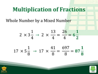Multiplication of Fractions
Whole Number by a Mixed Number
2 × 3
1
4
→ 2 ×
13
4
=
26
4
= 𝟔
𝟏
𝟐
17 × 5
1
8
→ 17 ×
41
8
=
697
8
= 𝟖𝟕
𝟏
𝟖
 
