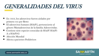 GENERALIDADES DEL VIRUS
● En 1953, los adenovirus fueron aislados por
primera vez por Rowe
● El adenovirus humano (HAdV), perteneciente al
género Mastadenovirus de la familia Adenoviridae.
● Contiene siete especies conocidas de HAdV HAdV-
A a HAdV-G
● Afección Mundial
● Afecta a pacientes Pediátricos
 