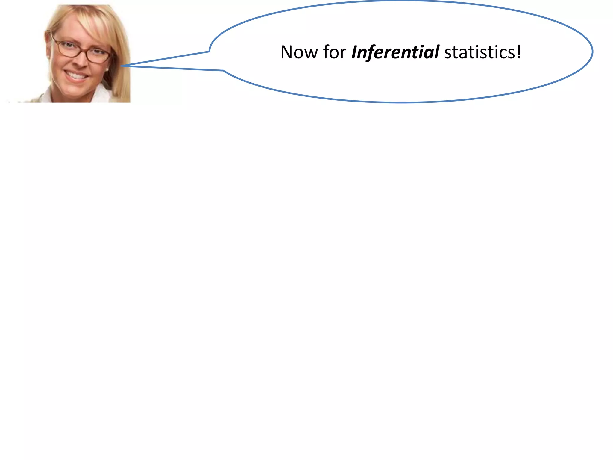 Now for Inferential statistics!

• While descriptive statistics focus on describing a
data set,
• Inferential statistics aims to draw conclusions
about a larger group (called a population),
• based on what is happening with a smaller group
(called a sample).
• Inferential statistics studies a statistical sample,
and from this analysis is able to say something
about the population from which the sample
came.

 