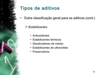 15
• Outra classificação geral para os aditivos (cont.)
 Estabilizantes
• Antioxidantes
• Estabilizantes térmicos
• Desativadores de metais
• Estabilizantes de ultravioleta
• Preservativos
Tipos de aditivos
 