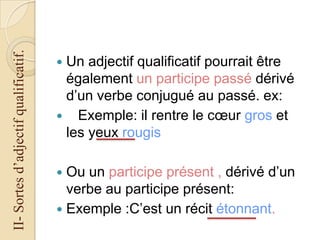 II- Sortes d’adjectif qualificatif.

Un adjectif qualificatif pourrait être
également un participe passé dérivé
d’un verbe conjugué au passé. ex:
 Exemple: il rentre le cœur gros et
les yeux rougis


Ou un participe présent , dérivé d’un
verbe au participe présent:
 Exemple :C’est un récit étonnant.


 