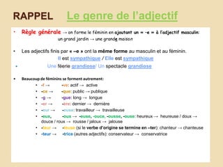 RAPPEL

Le genre de l’adjectif

•

Règle générale → on forme le féminin en ajoutant

•

Les adjectifs finis par « –e » ont la même forme au masculin et au féminin.
Il est sympathique / Elle est sympathique


•

un « –e » à l’adjectif masculin:

un grand jardin → une grande maison

Une féerie grandiose/ Un spectacle grandiose
Beaucoup de féminins se forment autrement:
• -f →
-ve: actif → active
• -ce →
-que: public → publique
• -g →
-gue: long → longue
• -er →
-ère: dernier → dernière
• -eur →
-euse: travailleur → travailleuse
• -eux,
-oux → -euse, -ouce, -ousse, -ouse: heureux → heureuse / doux →
douce / roux → rousse / jaloux → jalouse
• -teur → -teuse (si le verbe d’origine se termine en –ter): chanteur → chanteuse
• -teur → -trice (autres adjectifs): conservateur → conservatrice

 