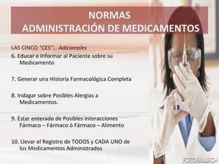 LAS CINCO  “CES”… Adicionales 6. Educar e Informar al Paciente sobre su Medicamento 7. Generar una Historía Farmacológica Completa 8. Indagar sobre Posibles Alergias a Medicamentos. 9. Estar enterado de Posibles Interacciones Fármaco – Fármaco ó Fármaco – Alimento 10. Llevar el Registro de TODOS y CADA UNO de los Medicamentos Administrados NORMAS ADMINISTRACIÓN DE MEDICAMENTOS 