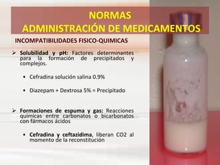 Solubilidad y pH:  Factores determinantes para la formación de precipitados y complejos.  Cefradina solución salina 0.9% Diazepam + Dextrosa 5% = Precipitado Formaciones de espuma y gas:  Reacciones químicas entre carbonatos o bicarbonatos con fármacos ácidos  Cefradina y ceftazidima , liberan CO2 al momento de la reconstitución INCOMPATIBILIDADES FISICO-QUIMICAS NORMAS ADMINISTRACIÓN DE MEDICAMENTOS 