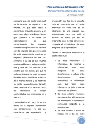 “Administración del Conocimiento”
Daniela Valentina Hernández guerra
28 / marzo / 2014
4
necesario que este capital intelectual,
se incremente, se organice y se
difunda, ya que este hasta el
momento se encuentra disperso y sin
estructuras, algunos de los problemas
que ocasiona el no tener una
sistematización, es que
frecuentemente las empresas
invierten en capacitación del personal
pero la empresa solo puede servirse
de este conocimiento mientras su
empleado permanece en ella, otro
problema a su vez es que muchas
existen problemas y estos se repiten
una y otra vez sin solución y es
posible que esto suceda por qué no
se busca la ayuda de otras personas,
entonces como siempre se soluciona
de la misma manera y es incorrecta
se repite constantemente, también
suele pasar que al no haber un banco
de información se pierden
oportunidades muy importantes en el
mercado.
Los empleados a lo largo de su vida
dentro de la empresa incrementan
sus conocimientos ya sea por
capacitación por experiencia y
preparación que les dio la escuela,
pero es importante que el capital
intelectual de cada uno de los
integrantes de una empresa este
sistematizado para que esté al
alcance de todos por eso es
importante crear medios para que se
comparta el conocimiento de cada
integrante de la organización.
Este es un ejemplo de sistematizar el
capital intelectual.
1. Se debe intercambiar la
información de reportes e
información entre cada
integrante de cada
departamento e incluso entre
departamentos deben
intercambiar la información
para que todos estén
informados de todo lo que se
modifica o se aprende.
2. Se debe celebrar reuniones
para que exista el intercambio
de información y experiencias
personales respecto a la
organización.
3. Se debe difundir la forma de
trabajar día a día así como
 