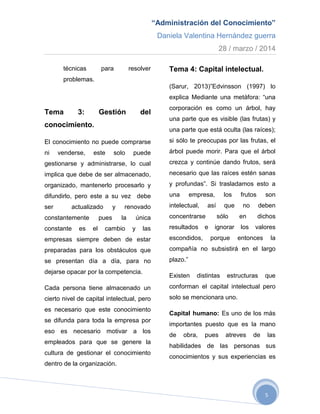 “Administración del Conocimiento”
Daniela Valentina Hernández guerra
28 / marzo / 2014
5
técnicas para resolver
problemas.
Tema 3: Gestión del
conocimiento.
El conocimiento no puede comprarse
ni venderse, este solo puede
gestionarse y administrarse, lo cual
implica que debe de ser almacenado,
organizado, mantenerlo procesarlo y
difundirlo, pero este a su vez debe
ser actualizado y renovado
constantemente pues la única
constante es el cambio y las
empresas siempre deben de estar
preparadas para los obstáculos que
se presentan día a día, para no
dejarse opacar por la competencia.
Cada persona tiene almacenado un
cierto nivel de capital intelectual, pero
es necesario que este conocimiento
se difunda para toda la empresa por
eso es necesario motivar a los
empleados para que se genere la
cultura de gestionar el conocimiento
dentro de la organización.
Tema 4: Capital intelectual.
(Sarur, 2013)”Edvinsson (1997) lo
explica Mediante una metáfora: “una
corporación es como un árbol, hay
una parte que es visible (las frutas) y
una parte que está oculta (las raíces);
si sólo te preocupas por las frutas, el
árbol puede morir. Para que el árbol
crezca y continúe dando frutos, será
necesario que las raíces estén sanas
y profundas”. Si trasladamos esto a
una empresa, los frutos son
intelectual, así que no deben
concentrarse sólo en dichos
resultados e ignorar los valores
escondidos, porque entonces la
compañía no subsistirá en el largo
plazo.”
Existen distintas estructuras que
conforman el capital intelectual pero
solo se mencionara uno.
Capital humano: Es uno de los más
importantes puesto que es la mano
de obra, pues atreves de las
habilidades de las personas sus
conocimientos y sus experiencias es
 