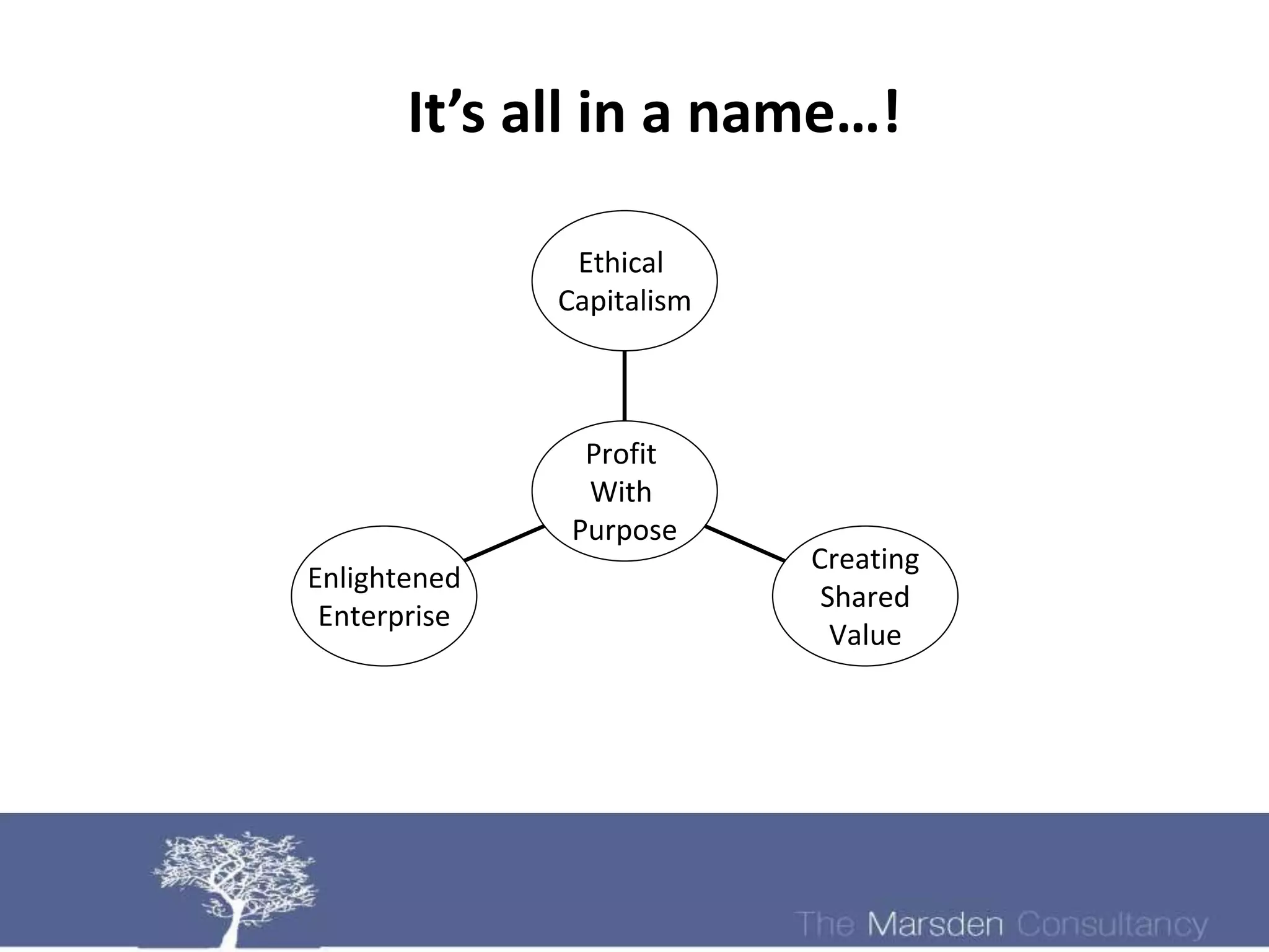 It’s all in a name…!

               Ethical
              Capitalism



                Profit
                With
               Purpose
                           Creating
Enlightened
                            Shared
 Enterprise
                             Value
 