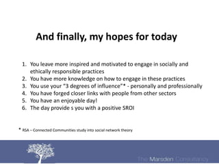 And finally, my hopes for today

 1. You leave more inspired and motivated to engage in socially and
    ethically responsible practices
 2. You have more knowledge on how to engage in these practices
 3. You use your “3 degrees of influence”* - personally and professionally
 4. You have forged closer links with people from other sectors
 5. You have an enjoyable day!
 6. The day provide s you with a positive SROI


* RSA – Connected Communities study into social network theory
 
