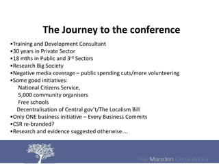 The Journey to the conference
•Training and Development Consultant
•30 years in Private Sector
•18 mths in Public and 3rd Sectors
•Research Big Society
•Negative media coverage – public spending cuts/more volunteering
•Some good initiatives:
   National Citizens Service,
   5,000 community organisers
   Free schools
   Decentralisation of Central gov’t/The Localism Bill
•Only ONE business initiative – Every Business Commits
•CSR re-branded?
•Research and evidence suggested otherwise….
 