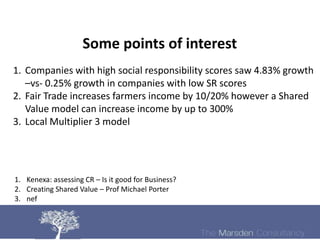 Some points of interest
1. Companies with high social responsibility scores saw 4.83% growth
   –vs- 0.25% growth in companies with low SR scores
2. Fair Trade increases farmers income by 10/20% however a Shared
   Value model can increase income by up to 300%
3. Local Multiplier 3 model




1. Kenexa: assessing CR – Is it good for Business?
2. Creating Shared Value – Prof Michael Porter
3. nef
 