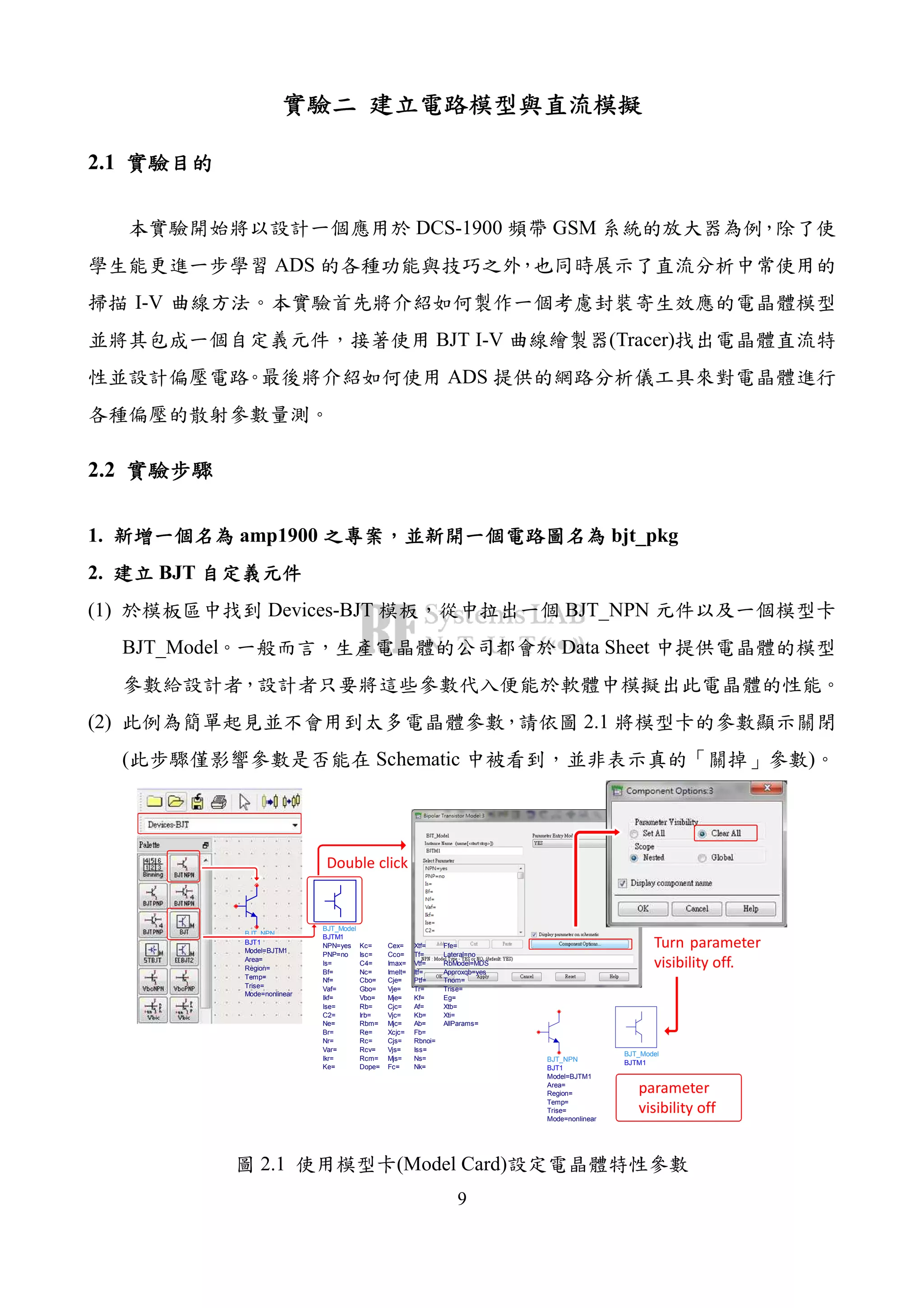 9
2.1
DCS-1900 GSM
ADS
I-V
BJT I-V (Tracer)
ADS
2.2
1. amp1900 bjt_pkg
2. BJT
(1) Devices-BJT BJT_NPN
BJT_Model Data Sheet
(2) 2.1
( Schematic )
BJT_Model
BJTM1
AllParams=
Xti=
Xtb=
Eg=
Trise=
Tnom=
Approxqb=yes
RbModel=MDS
Lateral=no
Ffe=
Nk=
Ns=
Iss=
Rbnoi=
Fb=
Ab=
Kb=
Af=
Kf=
Tr=
Ptf=
Itf=
Vtf=
Tf=
Xtf=
Fc=
Mjs=
Vjs=
Cjs=
Xcjc=
Mjc=
Vjc=
Cjc=
Mje=
Vje=
Cje=
Imelt=
Imax=
Cco=
Cex=
Dope=
Rcm=
Rcv=
Rc=
Re=
Rbm=
Irb=
Rb=
Vbo=
Gbo=
Cbo=
Nc=
C4=
Isc=
Kc=
Ke=
Ikr=
Var=
Nr=
Br=
Ne=
C2=
Ise=
Ikf=
Vaf=
Nf=
Bf=
Is=
PNP=no
NPN=yes
BJT_NPN
BJT1
Mode=nonlinear
Trise=
Temp=
Region=
Area=
Model=BJTM1
BJT_Model
BJTM1
BJT_NPN
BJT1
Mode=nonlinear
Trise=
Temp=
Region=
Area=
Model=BJTM1
Double click
Turn parameter
visibility off.
parameter
visibility off
2.1 (Model Card)
 