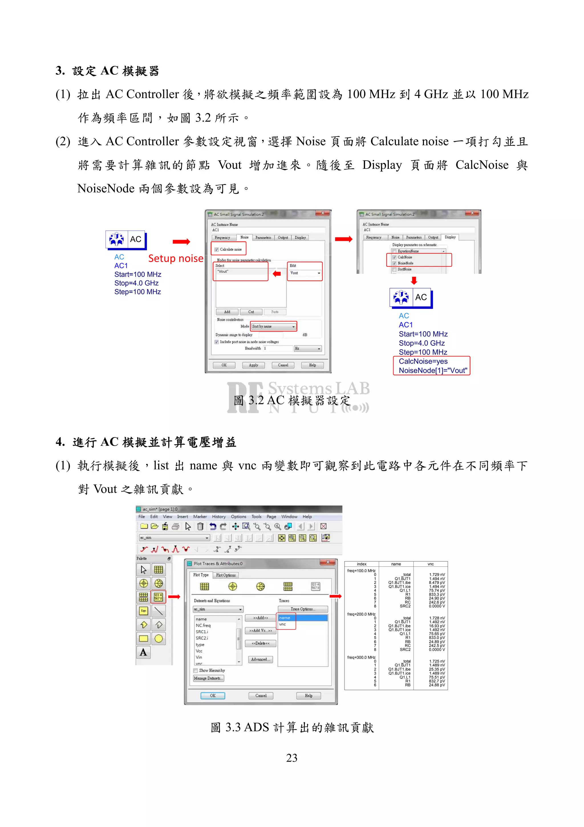 23
3. AC
(1) AC Controller 100 MHz 4 GHz 100 MHz
3.2
(2) AC Controller Noise Calculate noise
Vout Display CalcNoise
NoiseNode
AC
AC1
Step=100 MHz
Stop=4.0 GHz
Start=100 MHz
AC
AC
AC1
NoiseNode[1]="Vout"
CalcNoise=yes
Step=100 MHz
Stop=4.0 GHz
Start=100 MHz
AC
Setup noise
3.2 AC
4. AC
(1) list name vnc
Vout
index
freq=100.0 MHz
0
1
2
3
4
5
6
7
8
freq=200.0 MHz
0
1
2
3
4
5
6
7
8
freq=300.0 MHz
0
1
2
3
4
5
6
name
_total
Q1.BJT1
Q1.BJT1.ibe
Q1.BJT1.ice
Q1.L1
R1
RB
RC
SRC2
_total
Q1.BJT1
Q1.BJT1.ibe
Q1.BJT1.ice
Q1.L1
R1
RB
RC
SRC2
_total
Q1.BJT1
Q1.BJT1.ibe
Q1.BJT1.ice
Q1.L1
R1
RB
vnc
1.729 nV
1.494 nV
8.479 pV
1.494 nV
75.74 pV
833.3 pV
24.90 pV
242.6 pV
0.0000 V
1.728 nV
1.492 nV
16.93 pV
1.492 nV
75.65 pV
833.0 pV
24.89 pV
242.5 pV
0.0000 V
1.725 nV
1.489 nV
25.35 pV
1.489 nV
75.51 pV
832.7 pV
24.88 pV
3.3 ADS
 