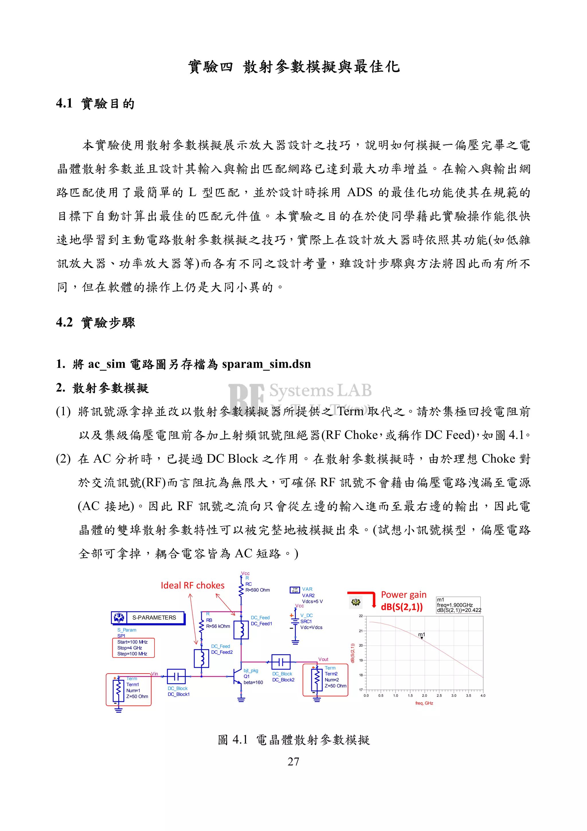 27
4.1
L ADS
(
)
4.2
1. ac_sim sparam_sim.dsn
2.
(1) Term
(RF Choke DC Feed) 4.1
(2) AC DC Block Choke
(RF) RF
(AC ) RF
(
AC )
Vout
Vin
S_Param
SP1
Step=100 MHz
Stop=4 GHz
Start=100 MHz
S-PARAMETERS
VAR
VAR2
Vdcs=5 V
Eqn
Var
Vcc
V_DC
SRC1
Vdc=Vdcs
DC_Feed
DC_Feed1
R
RB
R=56 kOhm
DC_Feed
DC_Feed2
Vcc
R
RC
R=590 Ohm
Term
Term2
Z=50 Ohm
Num=2Term
Term1
Z=50 Ohm
Num=1
DC_Block
DC_Block2
DC_Block
DC_Block1
bjt_pkg
Q1
beta=160
Ideal RF chokes
0.5 1.0 1.5 2.0 2.5 3.0 3.50.0 4.0
18
19
20
21
17
22
freq, GHz
dB(S(2,1))
m1
m1
freq=
dB(S(2,1))=20.422
1.900GHz
Power gain
dB(S(2,1))
4.1
 