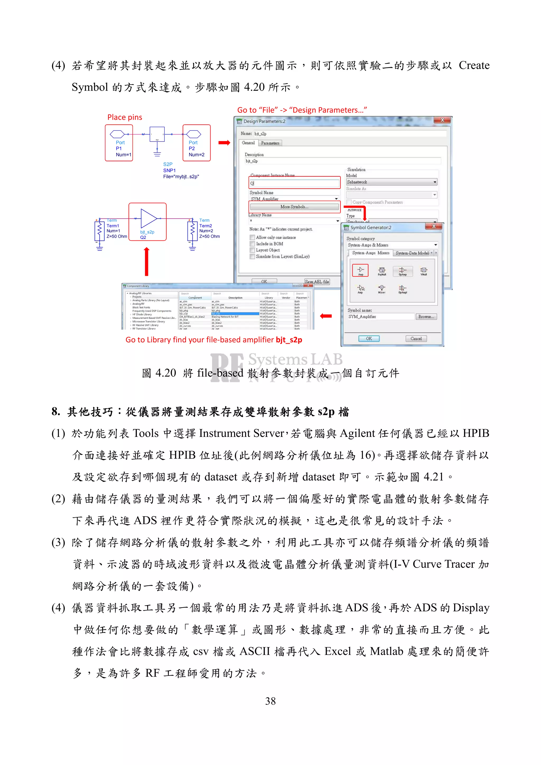 38
(4) Create
Symbol 4.20
S2P
SNP1
File="mybjt..s2p"
21
Ref
Port
P2
Num=2
Port
P1
Num=1
bjt_s2p
Q2
Term
Term2
Z=50 Ohm
Num=2
Term
Term1
Z=50 Ohm
Num=1
Place pins
Go to “File” -> “Design Parameters…”
Go to Library find your file-based amplifier bjt_s2p
4.20 file-based
8. s2p
(1) Tools Instrument Server Agilent HPIB
HPIB ( 16)
dataset dataset 4.21
(2)
ADS
(3)
(I-V Curve Tracer
)
(4) ADS ADS Display
csv ASCII Excel Matlab
RF
 