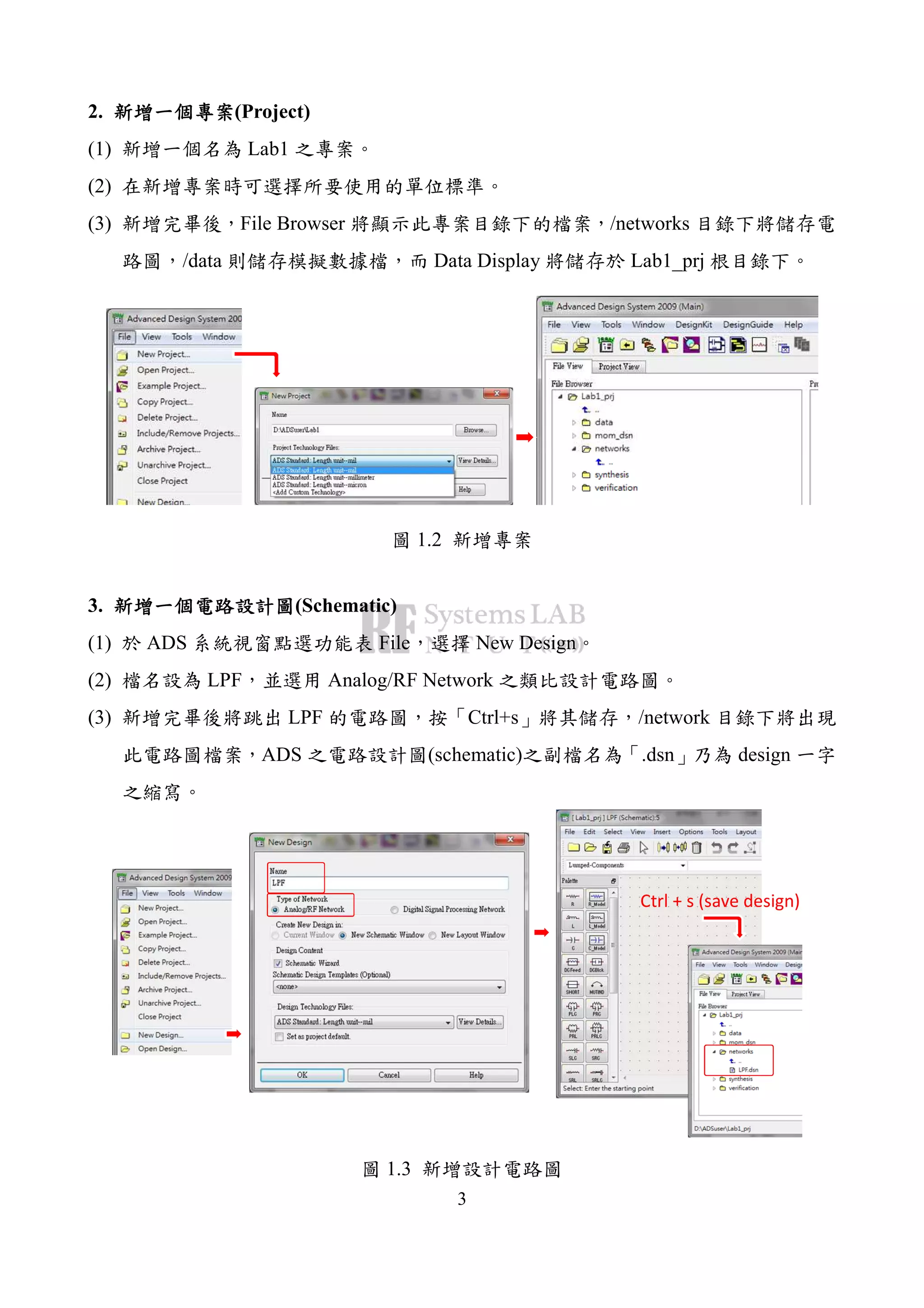 3
2. (Project)
(1) Lab1
(2)
(3) File Browser /networks
/data Data Display Lab1_prj
1.2
3. (Schematic)
(1) ADS File New Design
(2) LPF Analog/RF Network
(3) LPF Ctrl+s /network
ADS (schematic) .dsn design
Ctrl + s (save design)
1.3
 