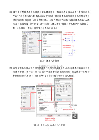 11
(5)
View Create/Edit Schematic Symbol
(Symbol) Help Symbol Type Order Pins by ADS
Ctrl+Shift+t Port C
B E
C
B E3
1
2
C
B E
1
32
Ctrl + Shift + t
to add texts ”B, C, E”
Rearrange the
pin location
2.4
(6) ADS
(5) File Design Parameters Q
Symbol Name SYM_BJT_NPN( More Symbols )
Use ADS internal symbol
Package artwork
Save this AEL file
(ADS system file)
2.5 ADS
 